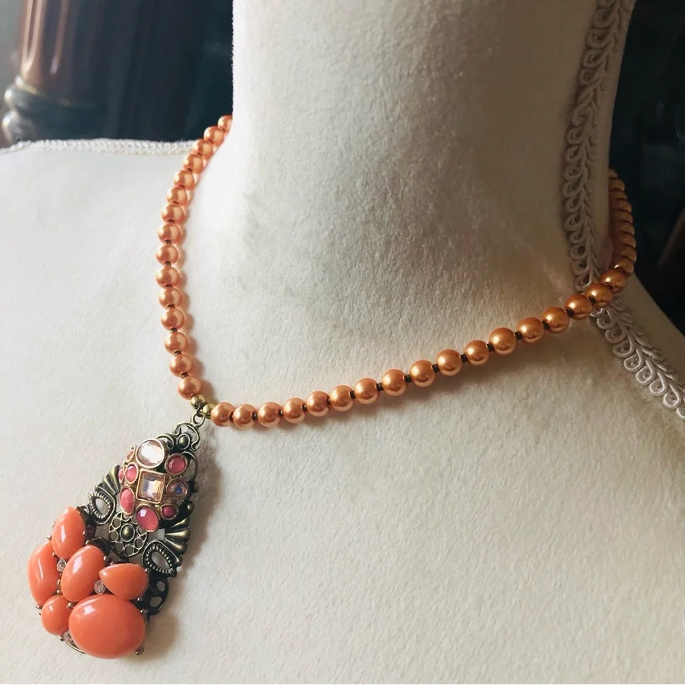 Handcrafted repurpose stone covered filigree pendant Czech glass Pearl necklace